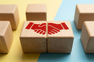 Wooden Blocks with Handshake Icon, a Business Photo by thepslr