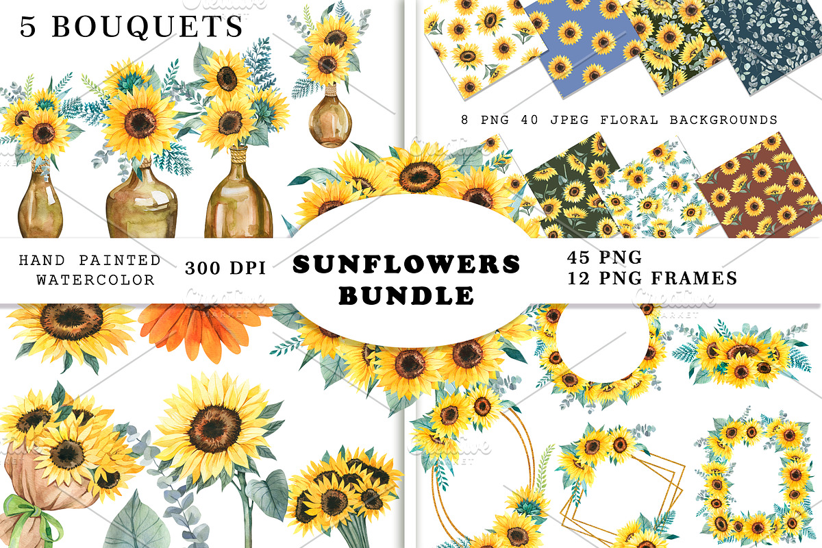 Watercolor Sunflowers Bundle PNG, a Decorative Illustration by PatternPalette (Photo 1 of 12)