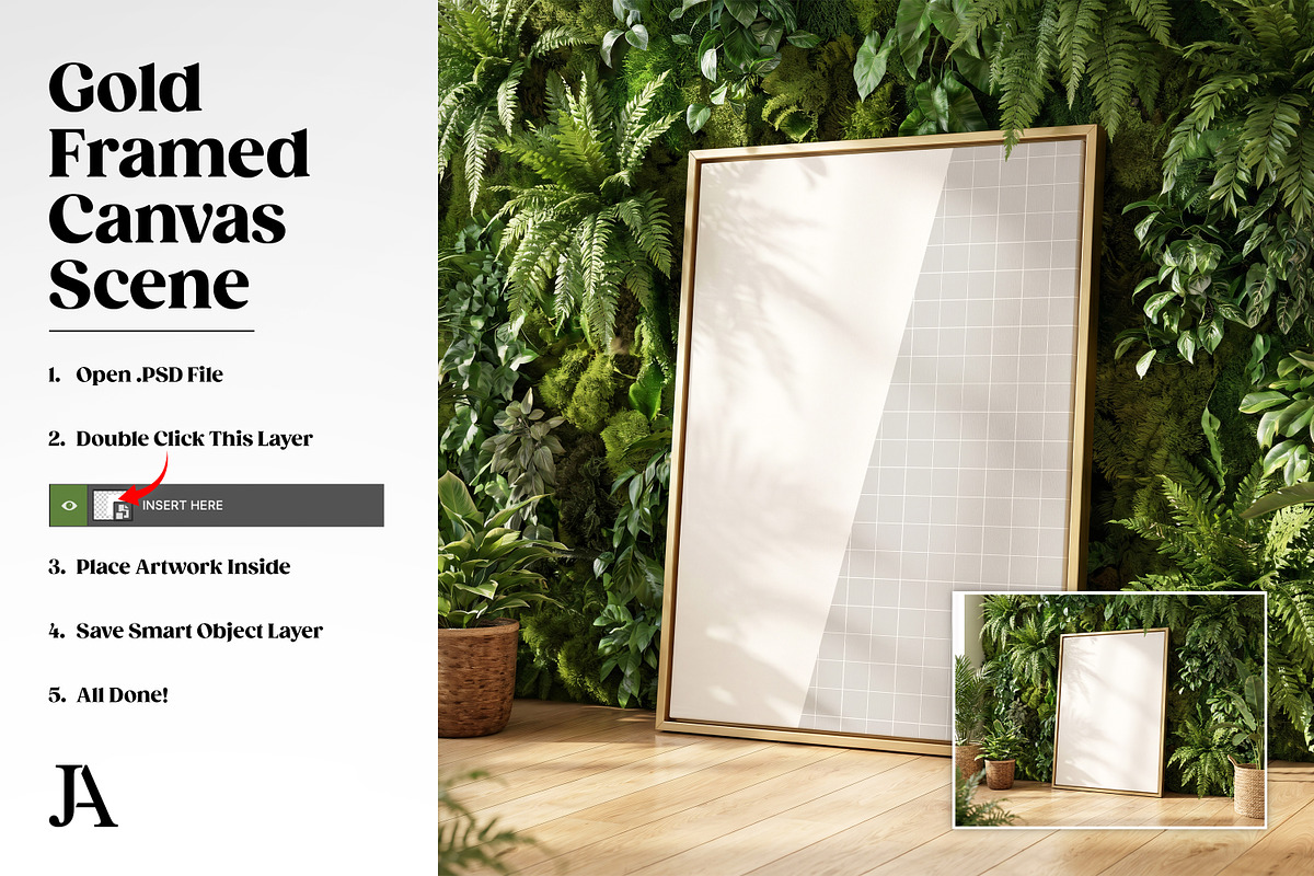 Gold Framed Canvas DIN A PSD Mockup, a Household Mockup by Julian Adams (Photo 3 of 3)