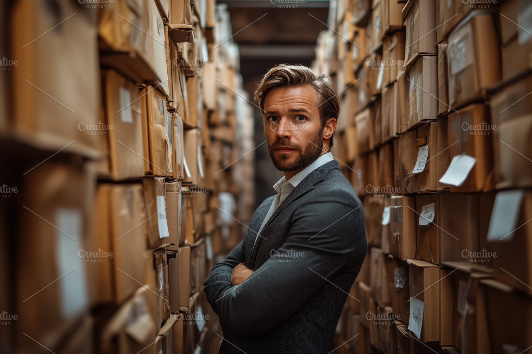 A confident man document specialist in a suit stands in a narrow aisle between, a Person Photo by Textures & Backgrounds