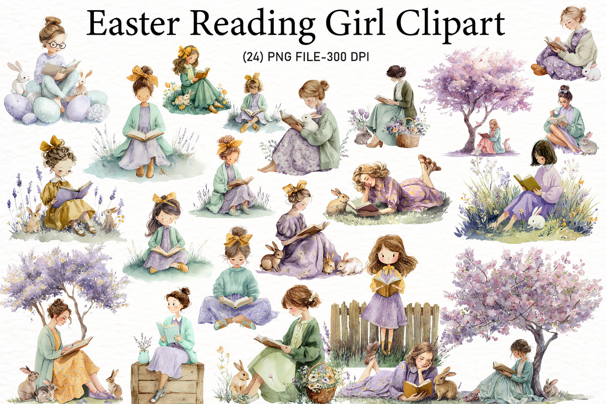 Easter Reading Girl Clipart, an Illustration by Designworld (Photo 1 of 5)