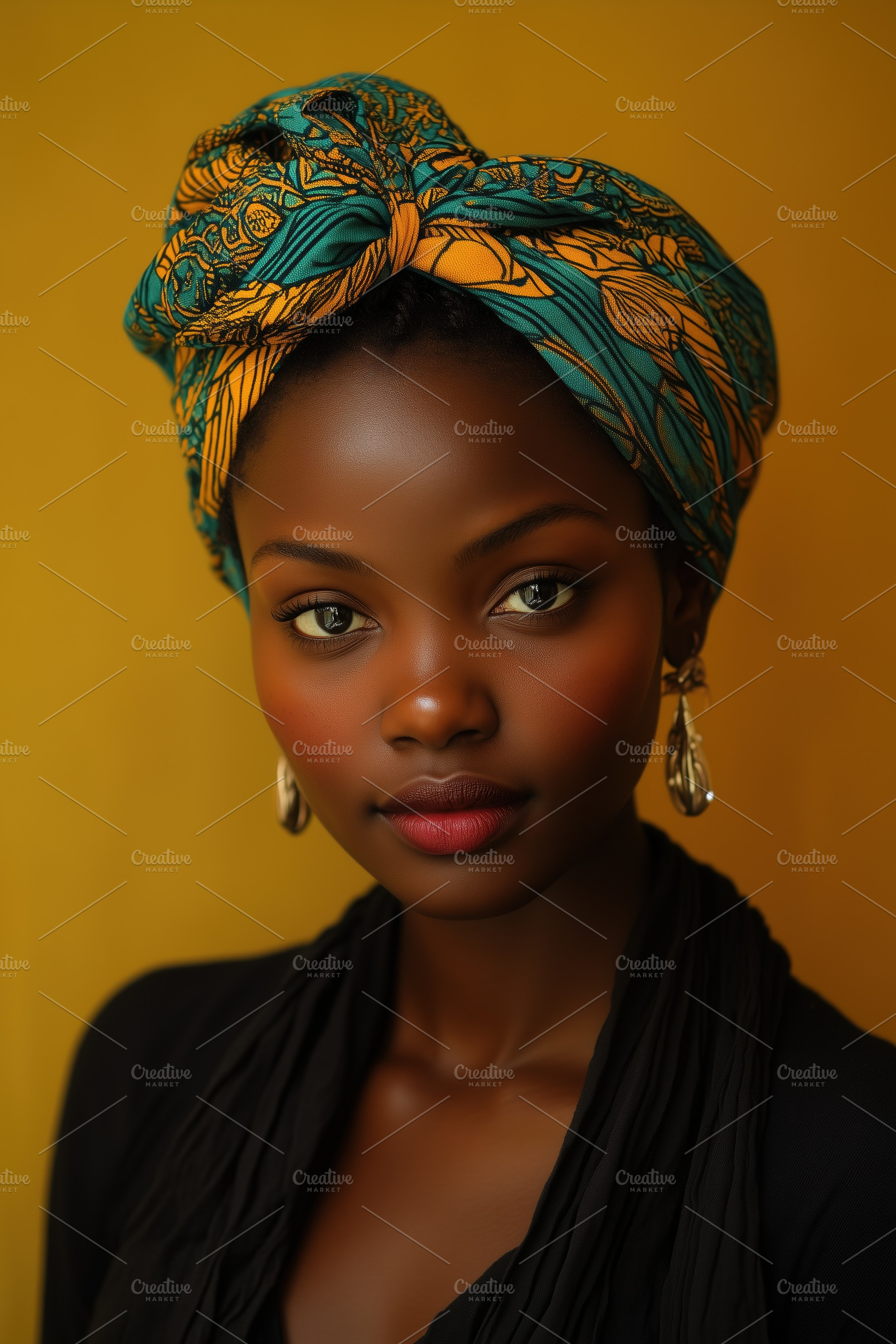 A portrait of a african woman with a colorful headwrap and elegant earrings, se, a Person Photo by Textures & Backgrounds