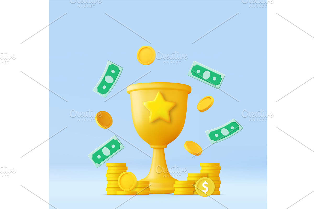 3D golden trophy with money and, a Person Illustration by ModVector