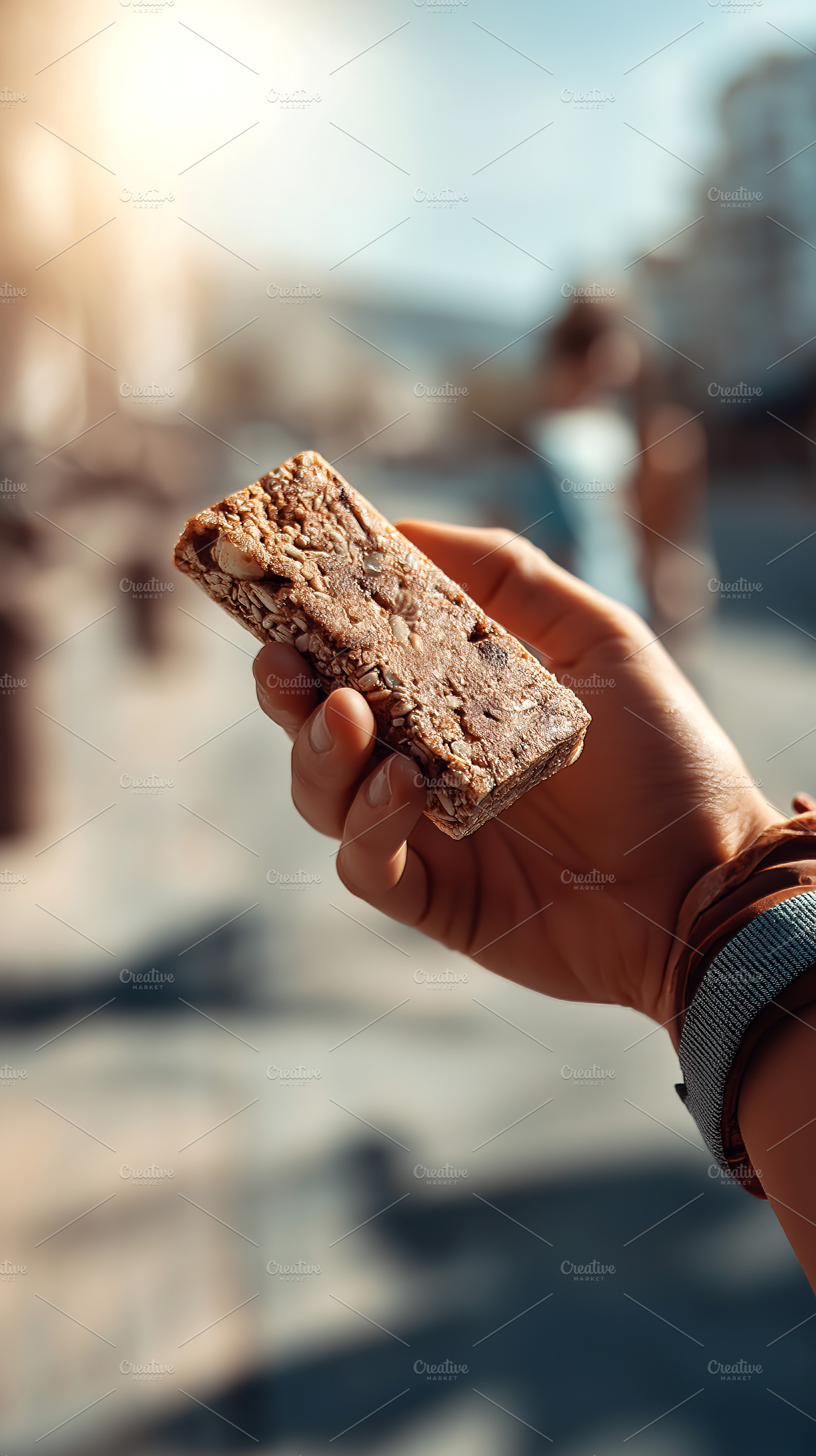 Hand Holding Granola Bar Outdoors on, a Food & Drink Photo by Ocean Digital Art