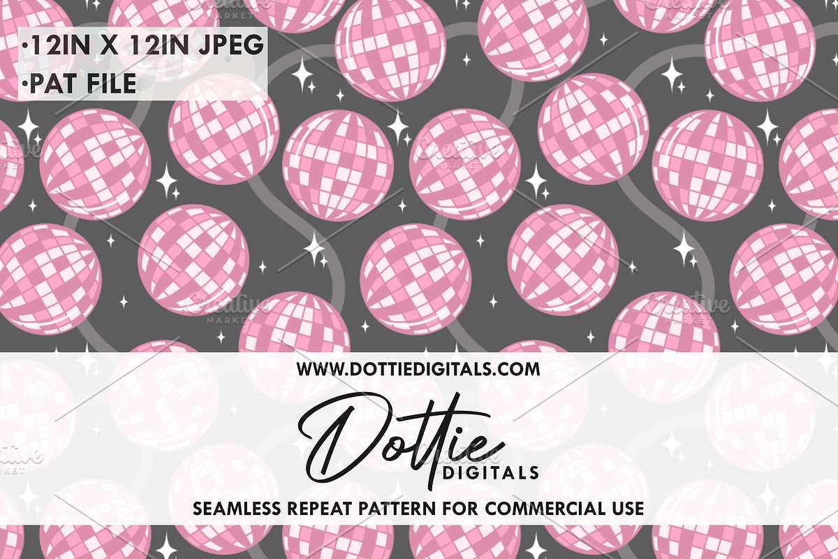 Pink Disco Balls on Black Pattern, a Pattern Graphic by Dottie Digitals (Photo 1 of 2)