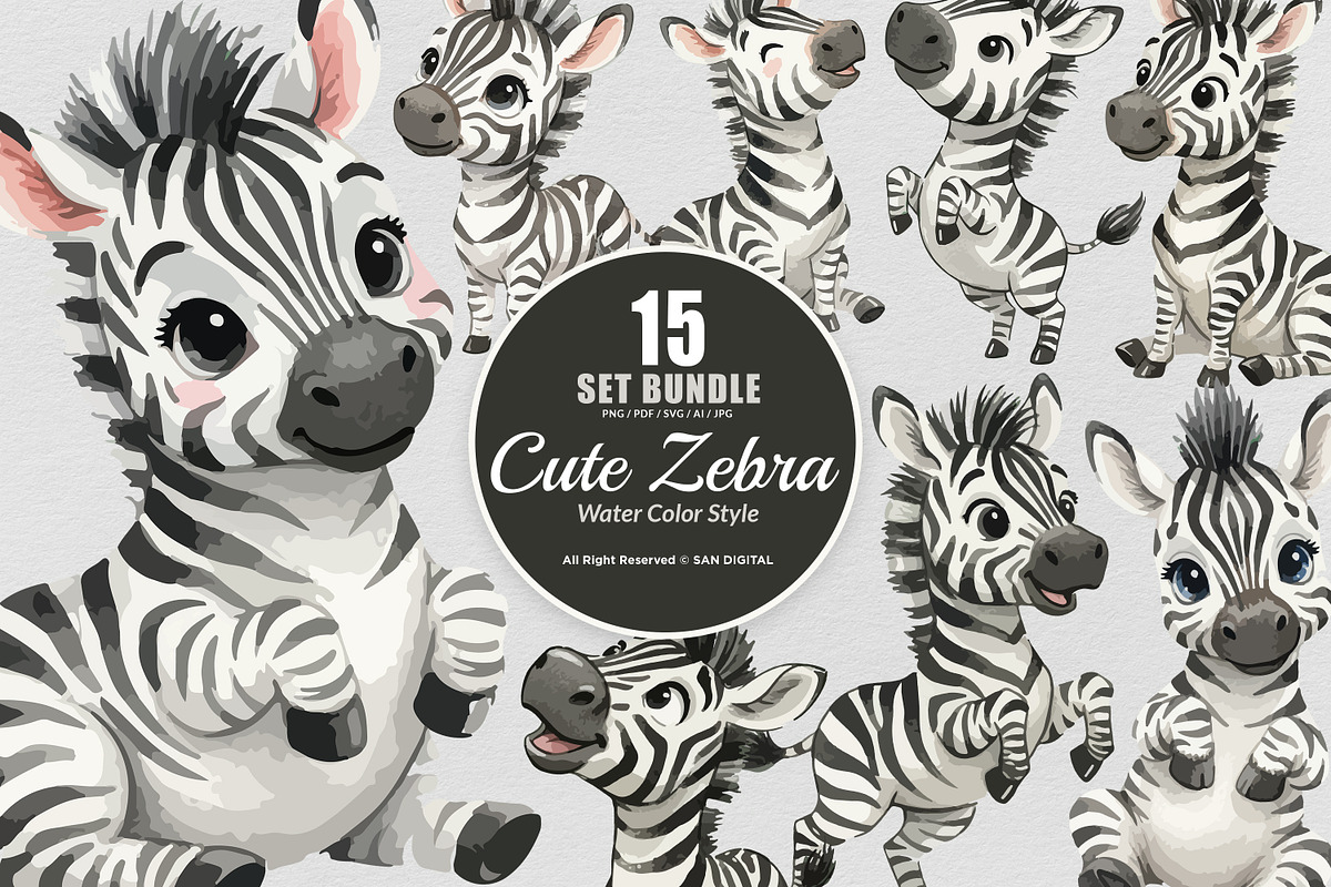 15 Bundle Watercolor Cute Zebra Wild, an Animal Illustration by Morspective (Photo 1 of 8)