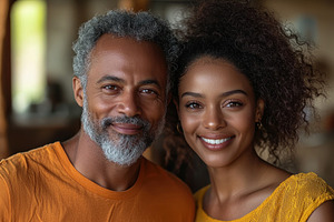 Smiling couple standing close together indoors wearing casual or, a Seasonal Illustration by José Manuel Gelpi