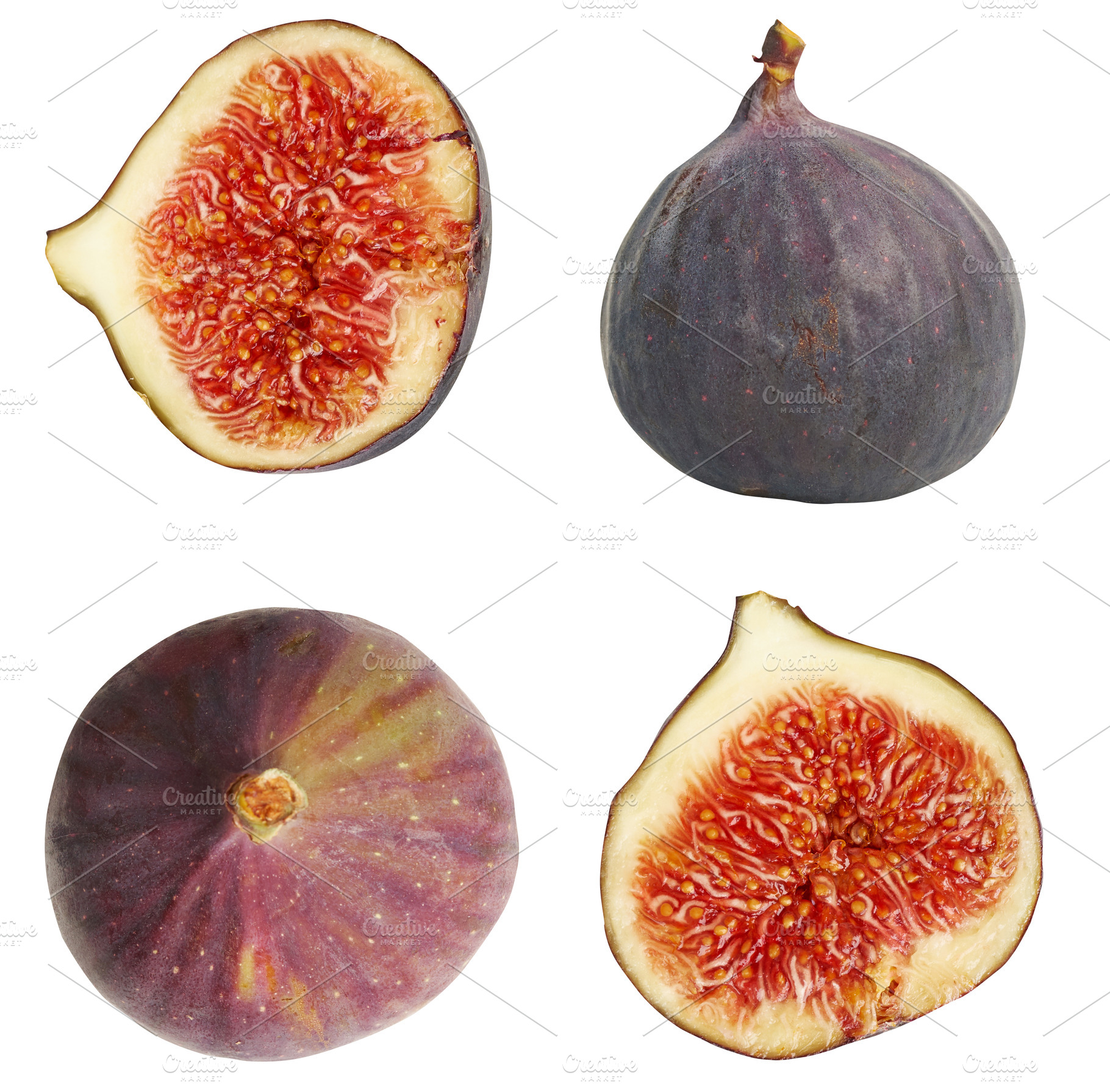 A set of four fresh common figs, featuring two whole figs and tw, a Food & Drink Photo by ndanko