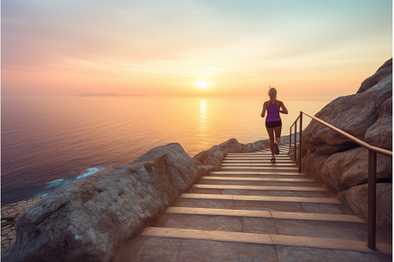 Woman running ocean beach in morning, a Sports & Recreation Photo by Ylivdesign