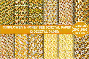 Sunflower & Honey Bee Digital Paper, a Pattern Graphic by Designking