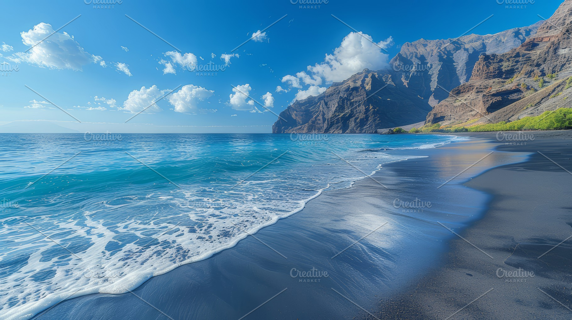 Stunning Black Volcanic Sand Beach on Tenerife with Majestic Cliffs and Blue Oc, a Photo by AS photostudio