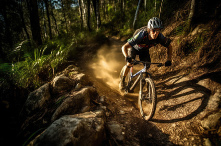 An action shot of a mountain biker speeding downhill on a rugged, a Sports & Recreation Photo by designvectx