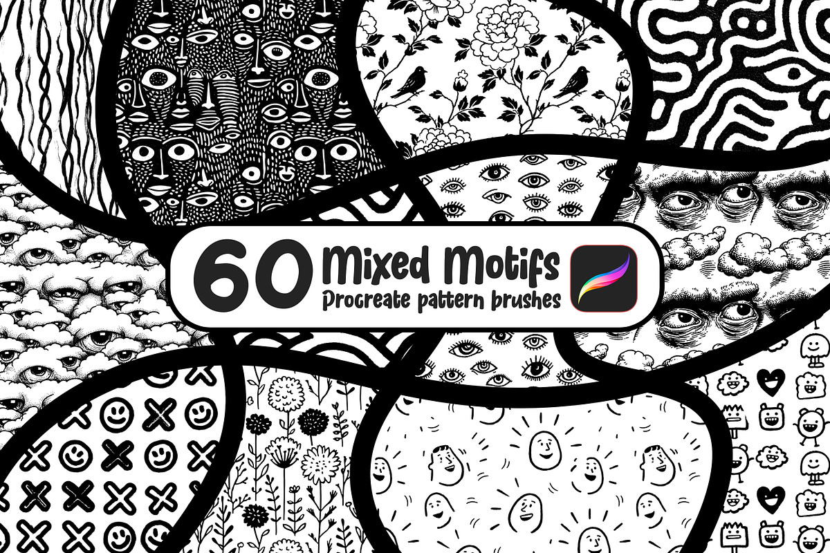 60 Mixed Motifs Procreate Brushes, a Brush Add-On by Heather Green Designs (Photo 1 of 12)