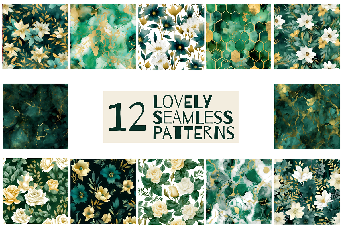 Gold & Emerald Green Seamless Floral, a Pattern Graphic by NadiaTheronArt (Photo 2 of 5)