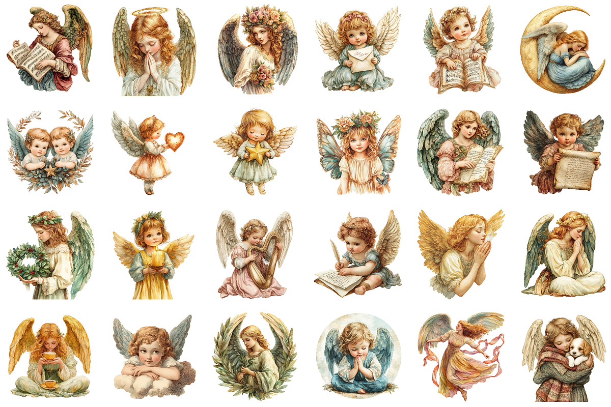 Vintage Angel Clipart Set PNG, an Illustration by SinaCreation (Photo 2 of 5)