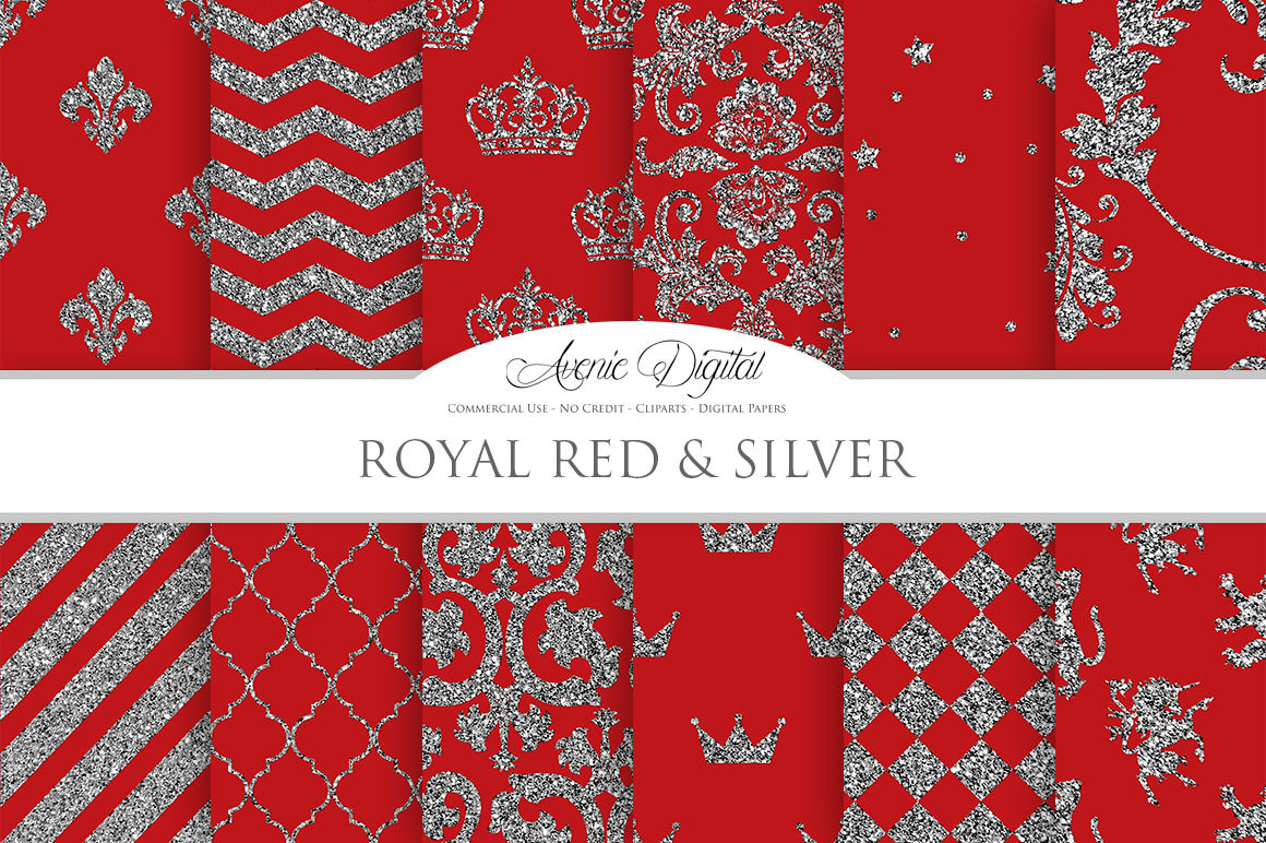 Royal Red and Silver Digital Paper, a Pattern Graphic by Avenie Digital