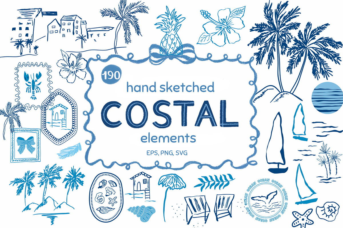 Blue coastal line art, sea clipart, an Object Graphic by Tani Kuzminka (Photo 1 of 13)