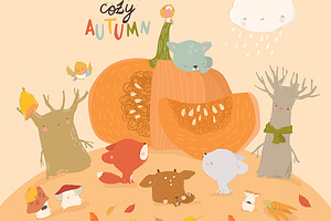 Cartoon Funny Animals With Pumpkin