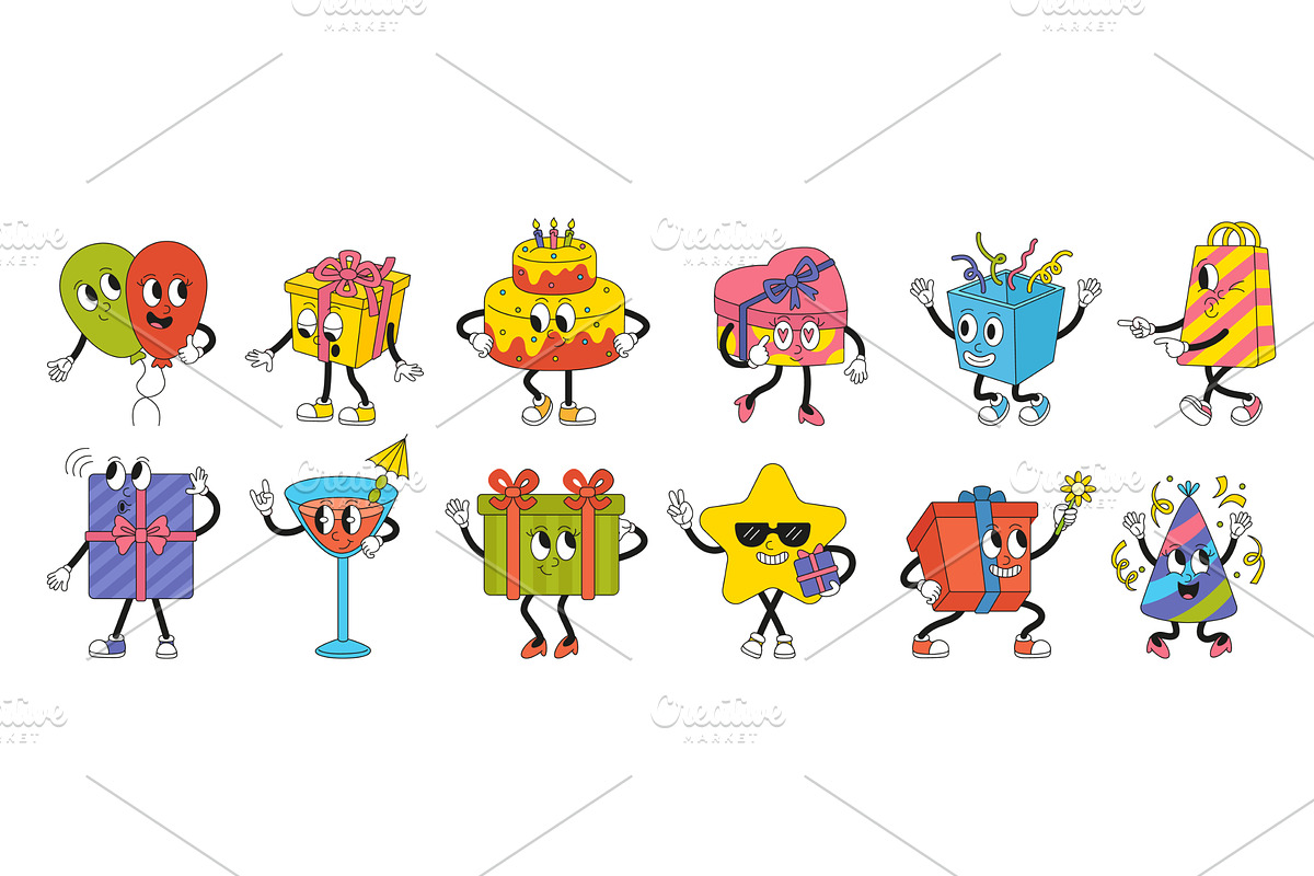 Groovy birthday characters. Vintage, an Object Illustration by Valerie Bodnar