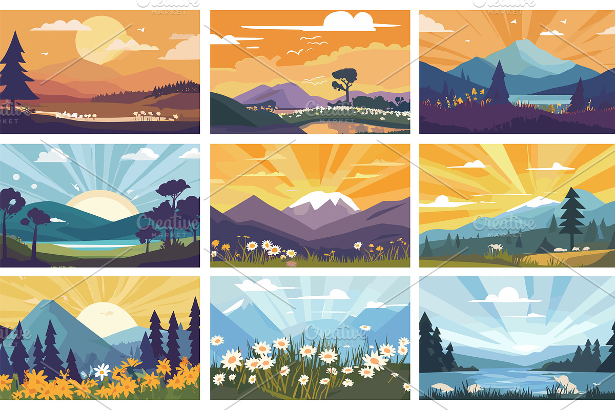 Cartoon landscapes. Nature scenes, an Illustration by Stock-Smart-Start