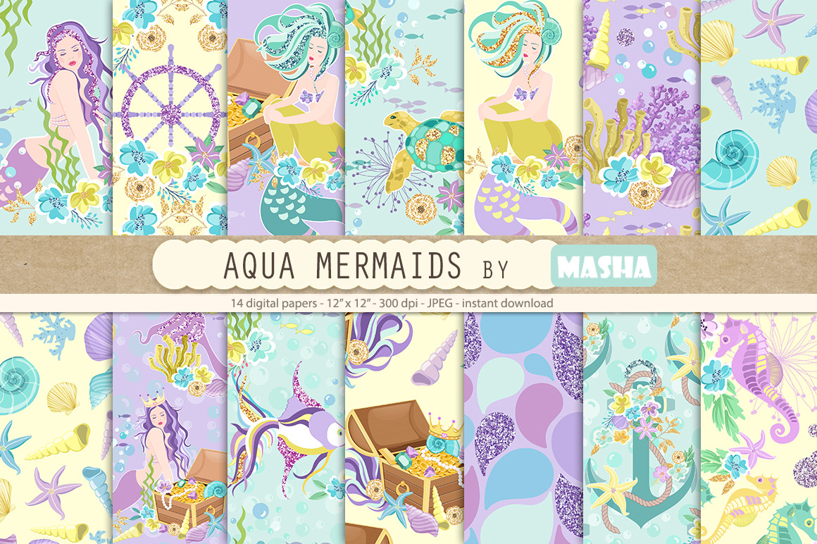 AQUA MERMAIDS digital papers, a Pattern Graphic by Masha Studio