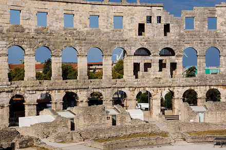 Ancient ruins of the Roman Amphitheatre, Istria peninsula. Pula, Croatia.