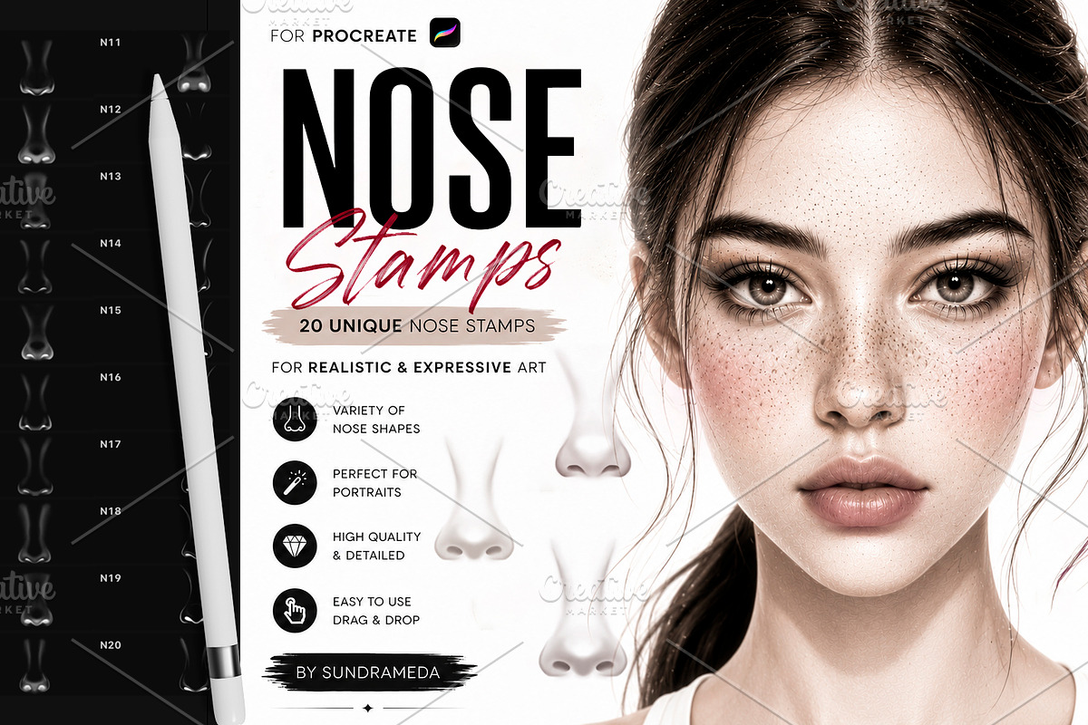 Realistic Nose Stamps for Procreate, a Brush Add-On by sundrameda (Photo 1 of 3)