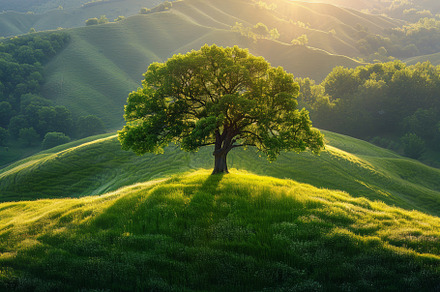 Lonely Tree in a Sunlit Green Valley at Golden Hour, a Photo by AS photostudio