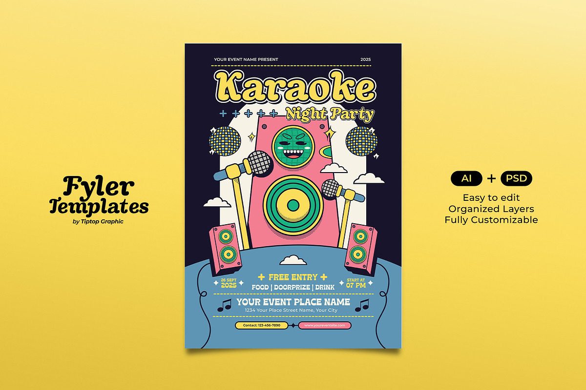 Retro Karaoke Night Party Flyer, a Flyer Template by Tiptop Graphic (Photo 1 of 5)