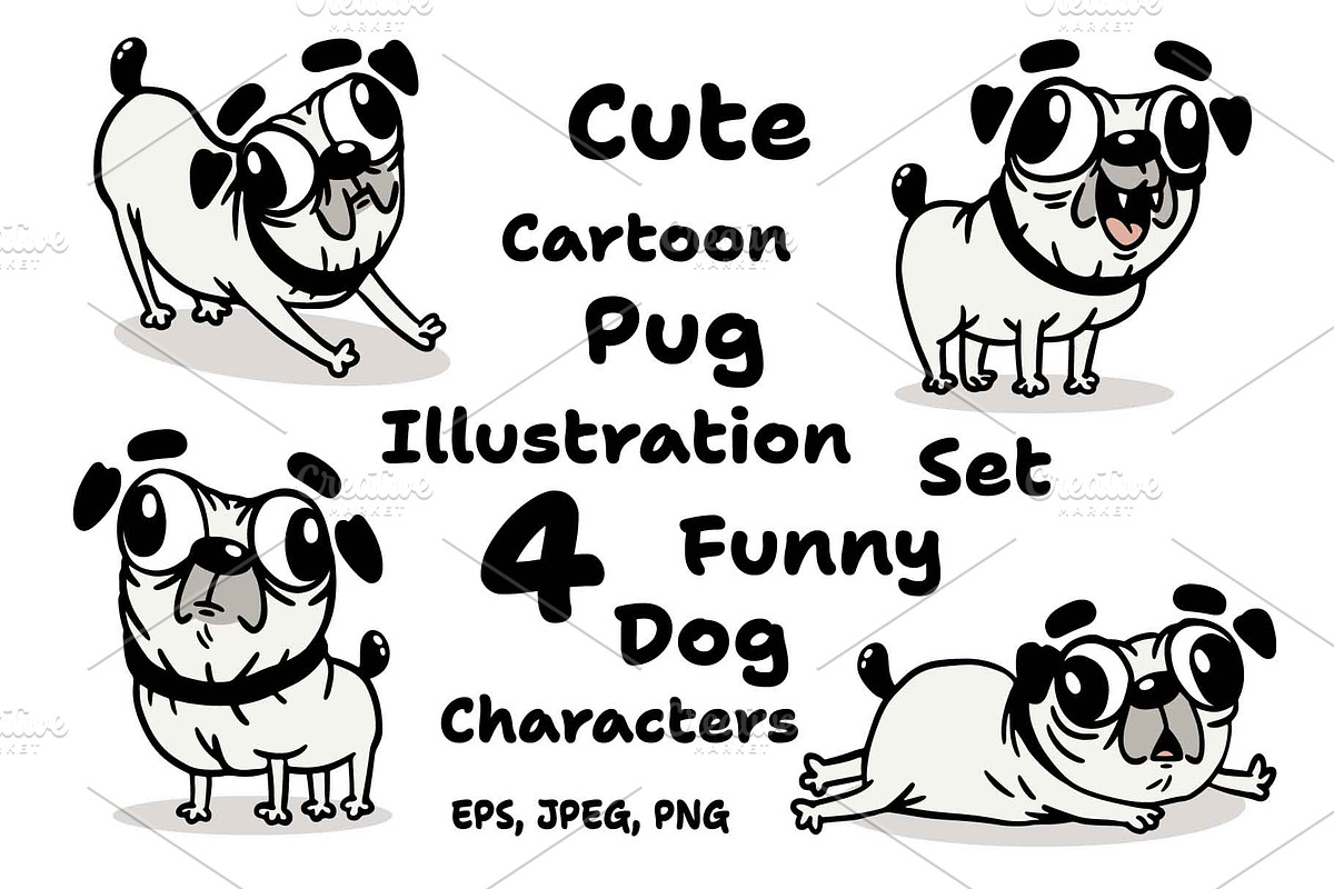 Cute Cartoon Pug Illustration Set, an Animal Illustration by DeShoff Art (Photo 1 of 5)
