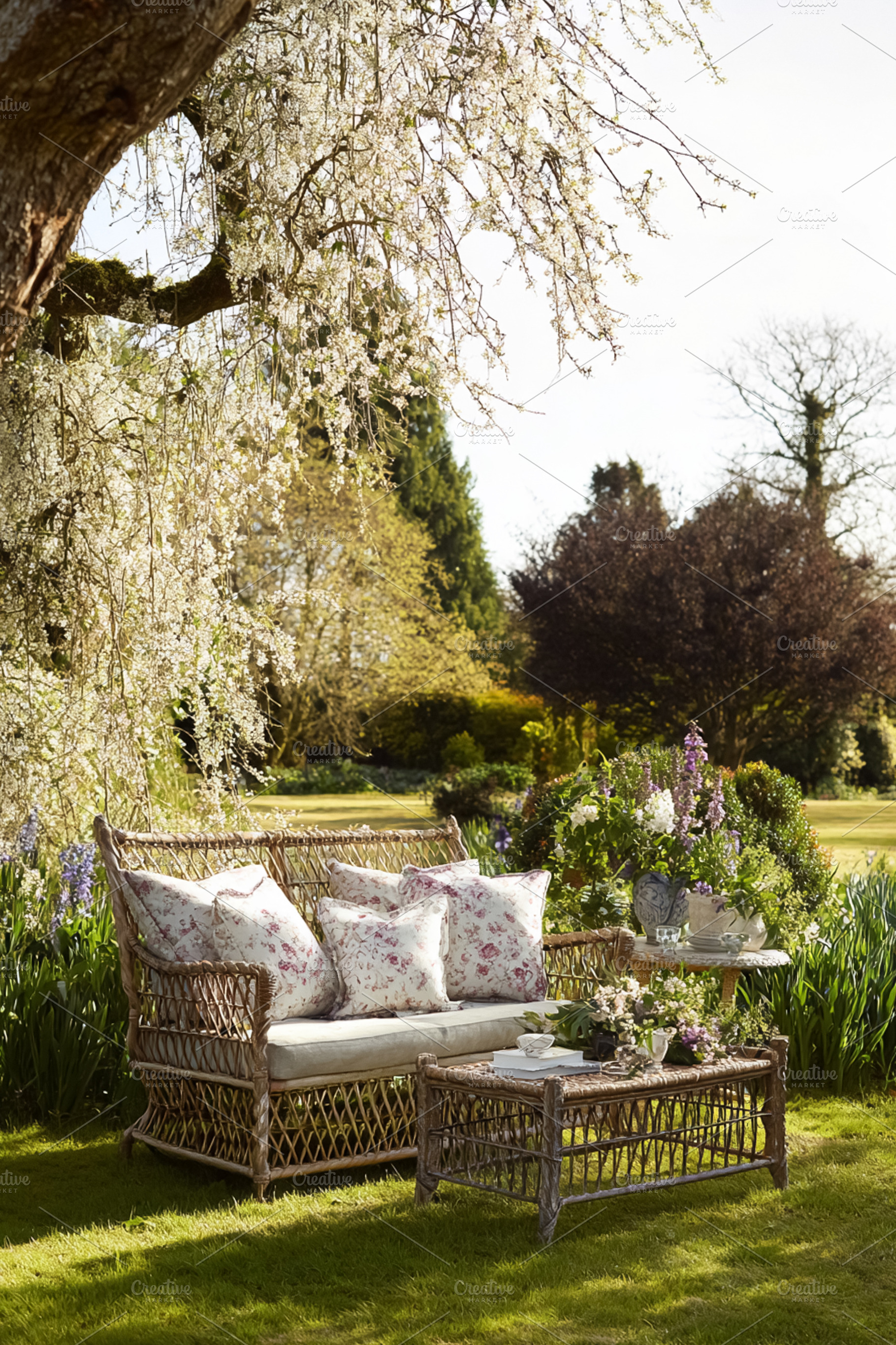 Wicker sofa and coffee table with floral cushions providing a se, a Photo by Studio ANNA