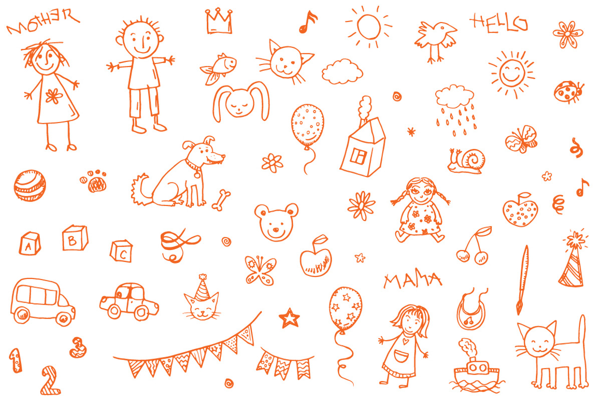 Doodle child`s drawing set + pattern, a Pattern Graphic by Hala (Photo 2 of 5)
