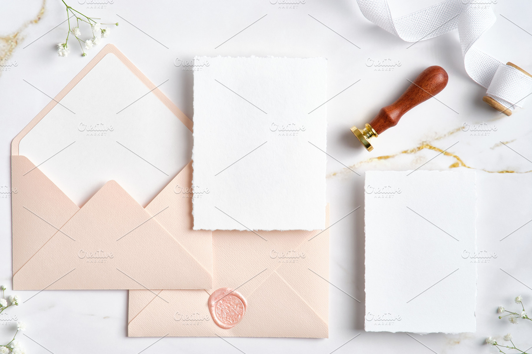 Elegant wedding stationery set. Flat lay pastel pink envelopes, blank wedding i, a Holiday Photo by photoguns