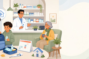 Flu season preparations in pharmacy, a Photo by Dvoevnore photos