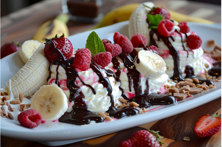 Delicious banana split dessert with, a Food & Drink Photo by Ylivdesign