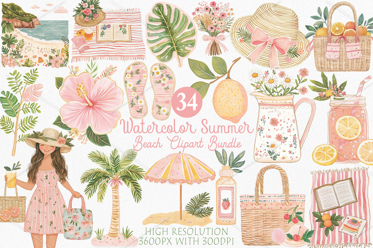 Watercolor Summer Beach Clipart PNG, a Seasonal Illustration by Canvas Craft (Photo 1 of 10)