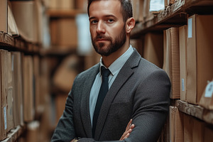 A confident businessman document specialist stands with arms crossed in a wareh, a Person Photo by Textures & Backgrounds