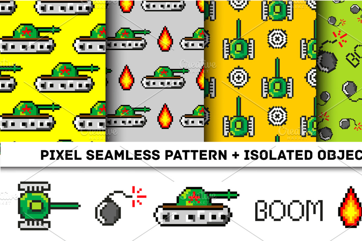 Pixel art vector objects to Fashion seamless pattern. Background with tanks, boom, for boys. trendy 80s-90s   style. Retro computers game isolated elements, a Decorative Illustration by Kseniia Kuznetsova