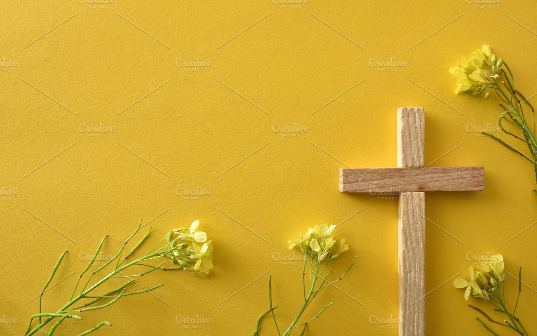Light Wooden Cross with Yellow Spring Flowers, a Holiday Photo by Davizro's Market