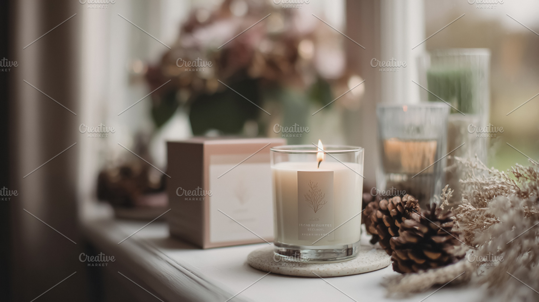 Cozy home decor creating a relaxing atmosphere with a lit candle, a Photo by Studio ANNA