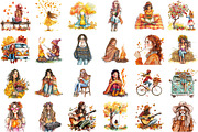 Vintage Fall Hippie Girl Clipart Bun, an Illustration by Sublimation Artist (Thumbnail 2 of 6)