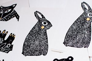 CUTE ANIMALS Linocut Vintage