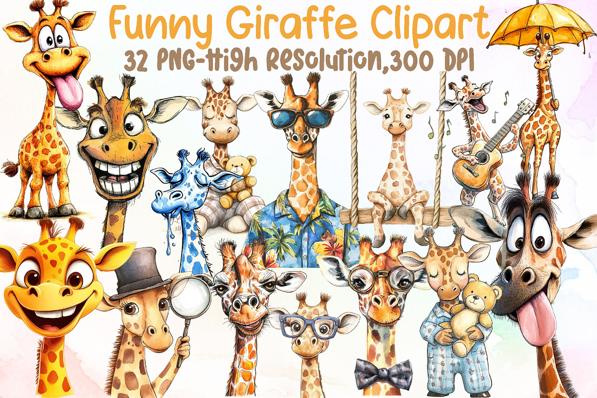 Watercolor Funny Giraffe Clipart, an Illustration by Sublimation Artist (Photo 1 of 6)