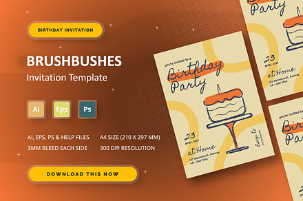 Brushbushes - Birthday Invitation, an Invitation Template by StreaksideStd
