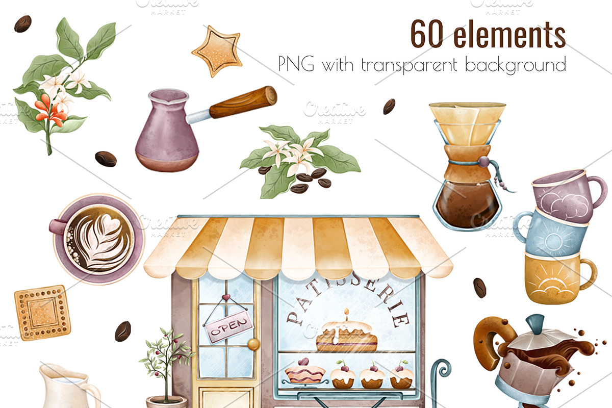 Watercolor Coffee Clipart PNG Set, a Food Illustration by Mespilia (Photo 3 of 5)