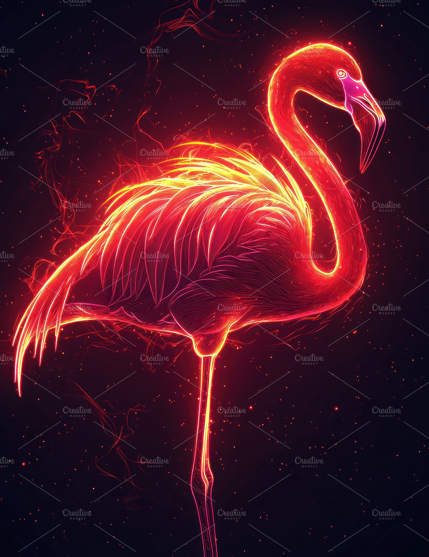 Neon flamingo illustration glowing with intense red and orange l, an Animal Photo by José Manuel Gelpi