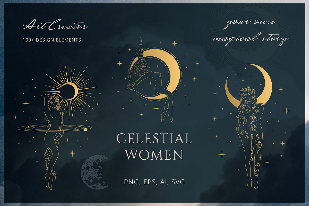 Hand drawn Celestial Women Line Art, an Illustration by KirillsWorkshop (Photo 1 of 8)