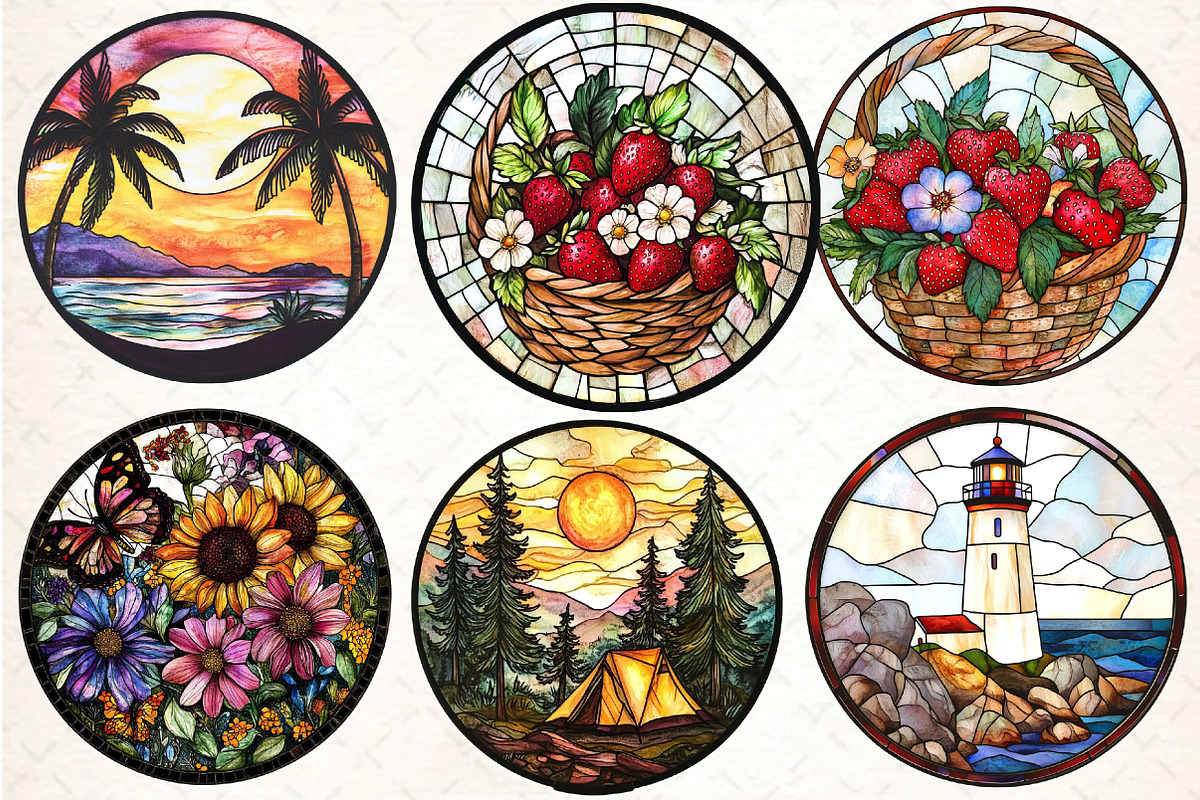 Round Stained Glass Summer Clipart2, an Illustration by DreamCafeArt (Photo 6 of 7)