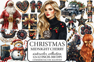 Midnight Cherry Christmas Clipart, an Illustration by Libby Wishes