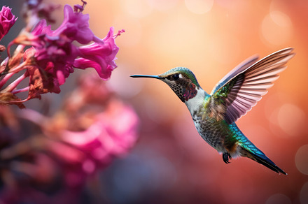 Hummingbird hovering mid-air iridesc, a Photo by SaroStock